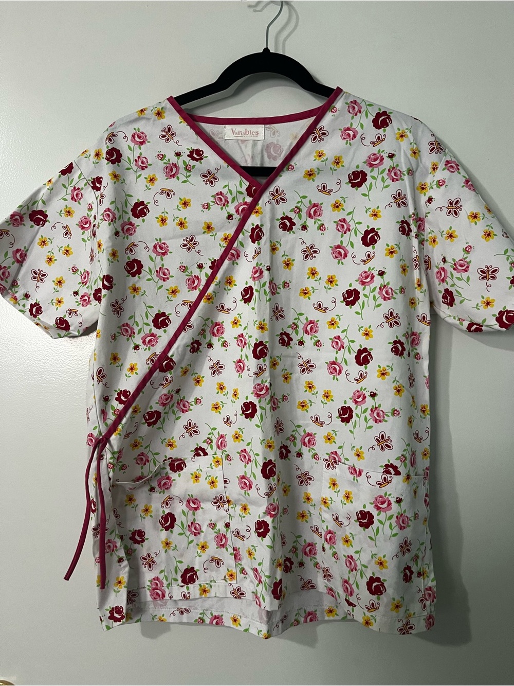 Floral Wrap Scrub Top - White with Pink & Red Flowers